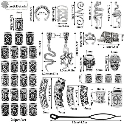 Fscwlmon 207Pcs Viking Hair Jewelry Nordic Runes Tube Beads,Accessories Kit for Braids Dreadlock Beard Locs,Metal Clips Cuff Rings,Braiding Beard Decoration Bracelets Pendant Necklace DIY Silvery