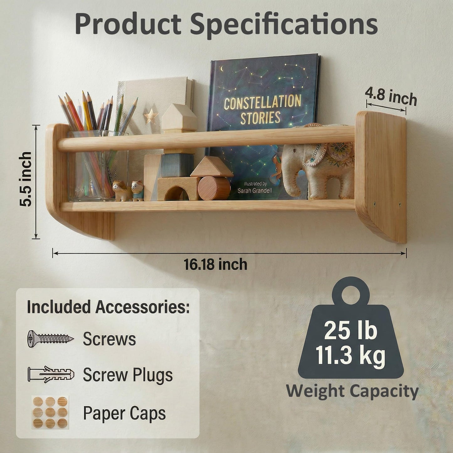 Nursery Bookshelf Set of 2, 16” Nursery Book Shelves Wall Mounted, Wooden Floating Shelves for Nursery Wall, Baby Book Shelf for Nursery, Kids Wall Bookshelf Organizer with Support Rod, Space Saving