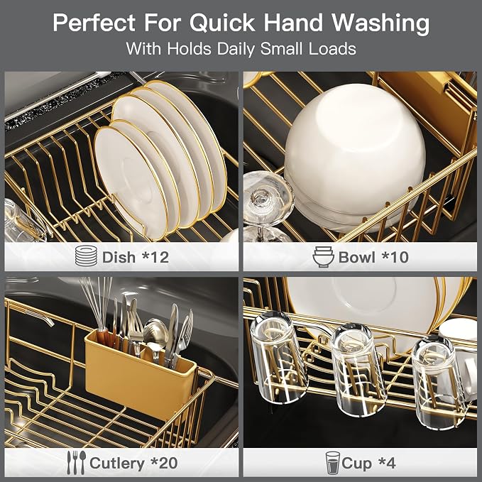 MAJALiS Gold Dish Drying Rack Over Sink with Utensil Holder, Drainboard | Expandable Stainless Steel Dish Drainer for Small Kitchen, Apartment, RV, Counter Space Saving, Perfect Fit, Rustproof