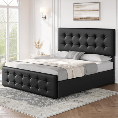 IDEALHOUSE Queen Size Bed Frame with 4 Storage Drawers and Headboard, Faux Leather Upholstered Platform Bed Frame with Wooden Slats Support, Button Tufted Design, No Box Spring Needed, Black