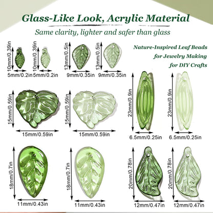 420PCS Green Acrylic Leaf Beads for Jewelry Making – Bulk Botanical Leaf Charms, Transparent Glass-Look Plant Beads for Earrings, Bracelets, Necklaces & Accessories (Mixed Styles)