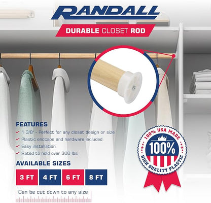 Closet Rod for Hanging Clothes, 6 FT Wood Closet Pole, 1-3/8" Thick Heavy Duty Closet Rod with Plastic Brackets & Screws, Natural Clothes Hanging Rod for Closet Organization, Made in USA