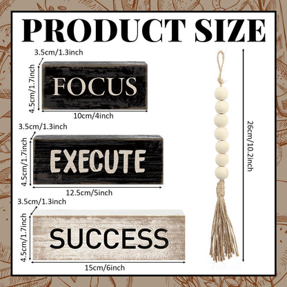 Yuntau 4 Pcs Motivational Wooden Tabletop Decor Inspirational Tiered Tray Decor Rustic Retro Wood Bead Garland Focus Execute Success Block Sign Gift Farmhouse Centerpiece for Home Shelf Mantle