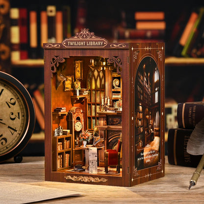 KLEVVO DIY Book Nook Kit, Wooden Miniature Booknook Kit with LED Light, 3D Wooden Bookend Model Building Kit, Handmade Book Nook Gift for Adults Teens Beginners【Micro Light Book Pavilion】