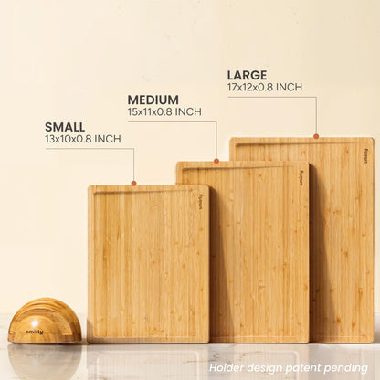 SMIRLY Bamboo Cutting Boards for Kitchen - Wood Cutting Board with Handle and Juice Groove - Wooden Chopping Board Set of 3 with Holder