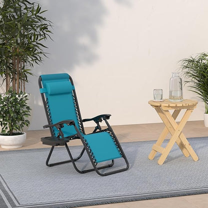 Best Choice Products Set of 2 Adjustable Steel Mesh Zero Gravity Lounge Chair Recliners w/Pillows and Cup Holder Trays - Peacock Blue