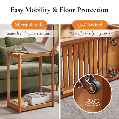 Cttasty Side Table, Solid Wood Narrow End Table with Storage Shelf and Wheels, 2-Tier Sofa Table for Living Room, Rubber Wood Indoor Plant Stand, 26.8 H x 11.8 W x 19.7 D Inches (Natural)