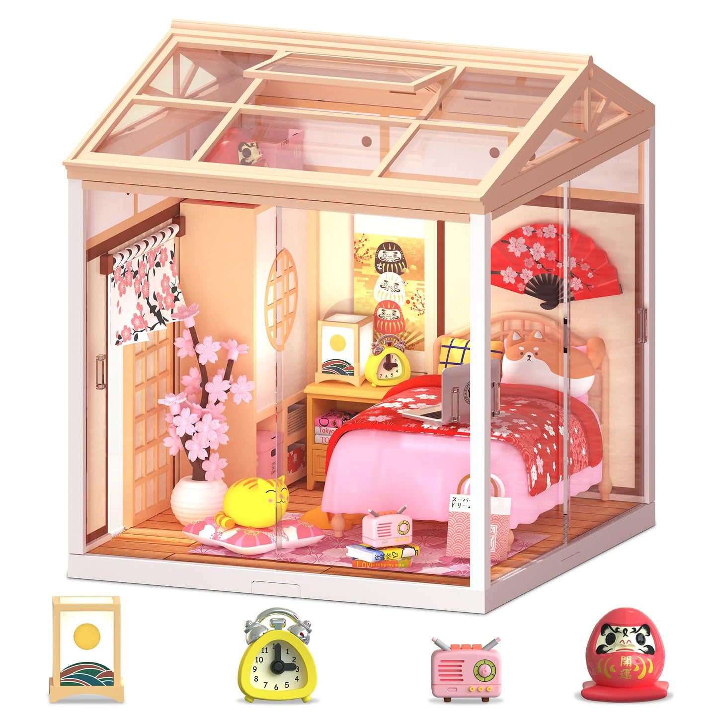 Loyratche DIY Japanese Bedroom Miniature House Kit, LED Light Mini Dollhouse Kit for Adults and Teens, with Roof & Dust Covers, Tiny House Gifts for Kids and Adults