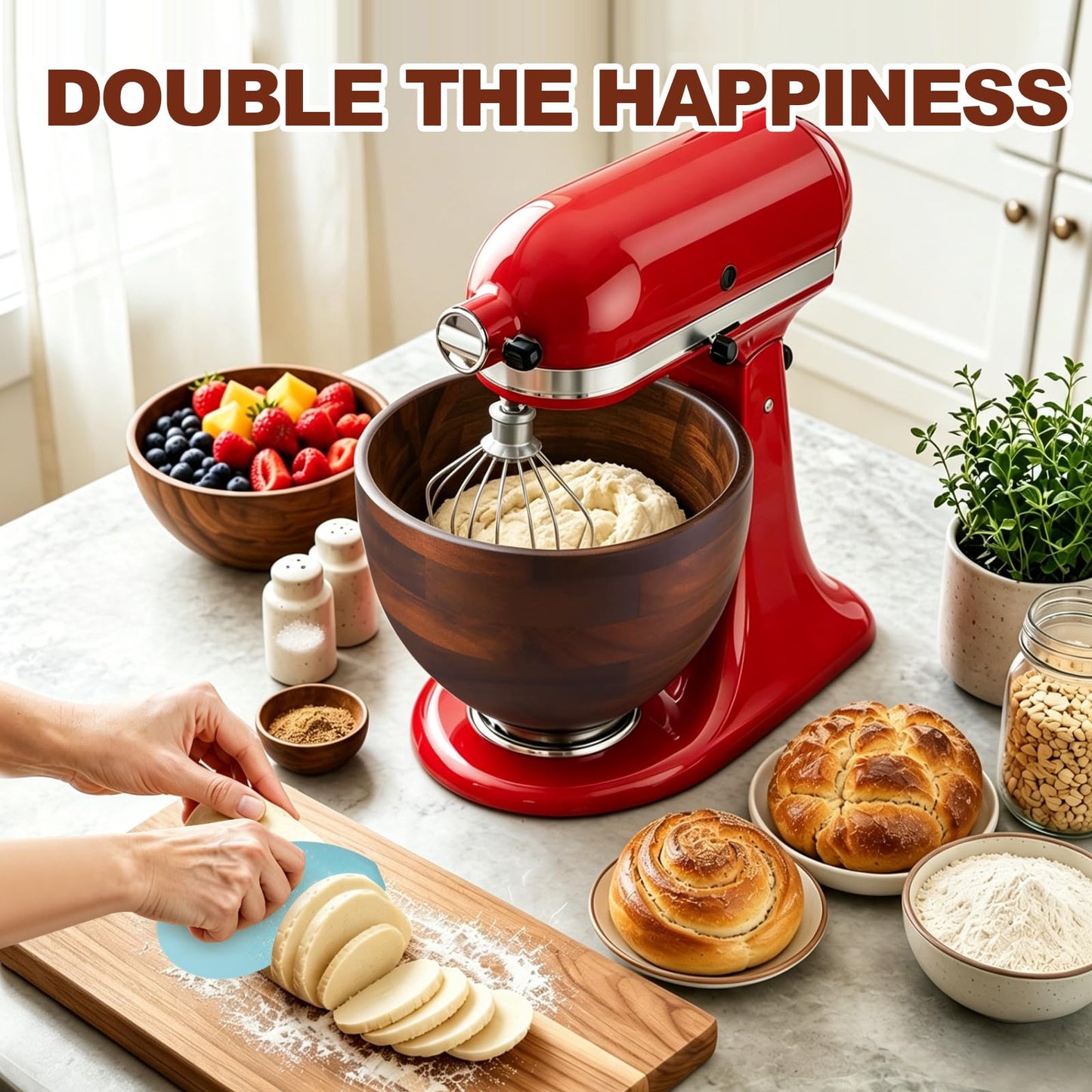Ciunura Premium Acacia Wooden Mixing Bowl for K45 & KSM150 Series, 4.5&5 Qt Tilt-Head Models, Natural Wood Bowl with Stainless Steel Precision Locking Base for Kitchen Aid Mixers(Acacia)