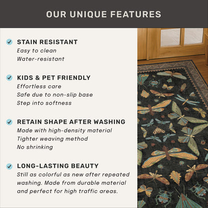 Washable 5x7 Black Rug for Living Room - Foyer Rugs for Entryway, Bedroom, Home Office, Gothic Witchy Insect Bug Floral Retro Indoor Décor
