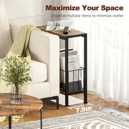 Lifenite Narrow Side Table, Skinny End Tables with Magazine Holder, Small Sofa Table for Small Spaces, Space-Saving Design, Slim Nightstand Bedside Table for Living Room, Bedroom, Office, Rustic Brown