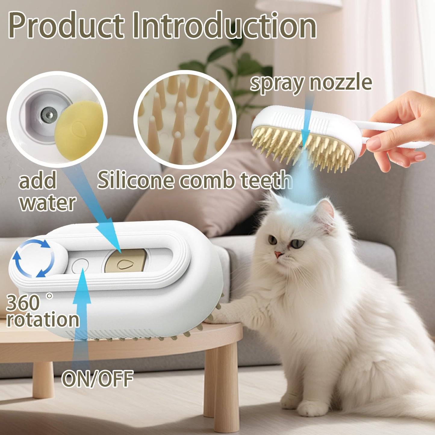 Cat Steam Brush for Shedding Dog Brush with Steam Pet Hair Cleaning Brush Comb for Spray 3 in 1 Pet Grooming for Long & Short Haired Pets – Spritz Defur Comb for cats(grey)