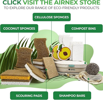 AIRNEX Natural Kitchen Sponges Pack of 20 - Biodegradable Cellulose and Coconut Husk Walnut Scrubbers - Odor Free Non Scratch - Eco Friendly Quick Drying Dishwashing Sponges