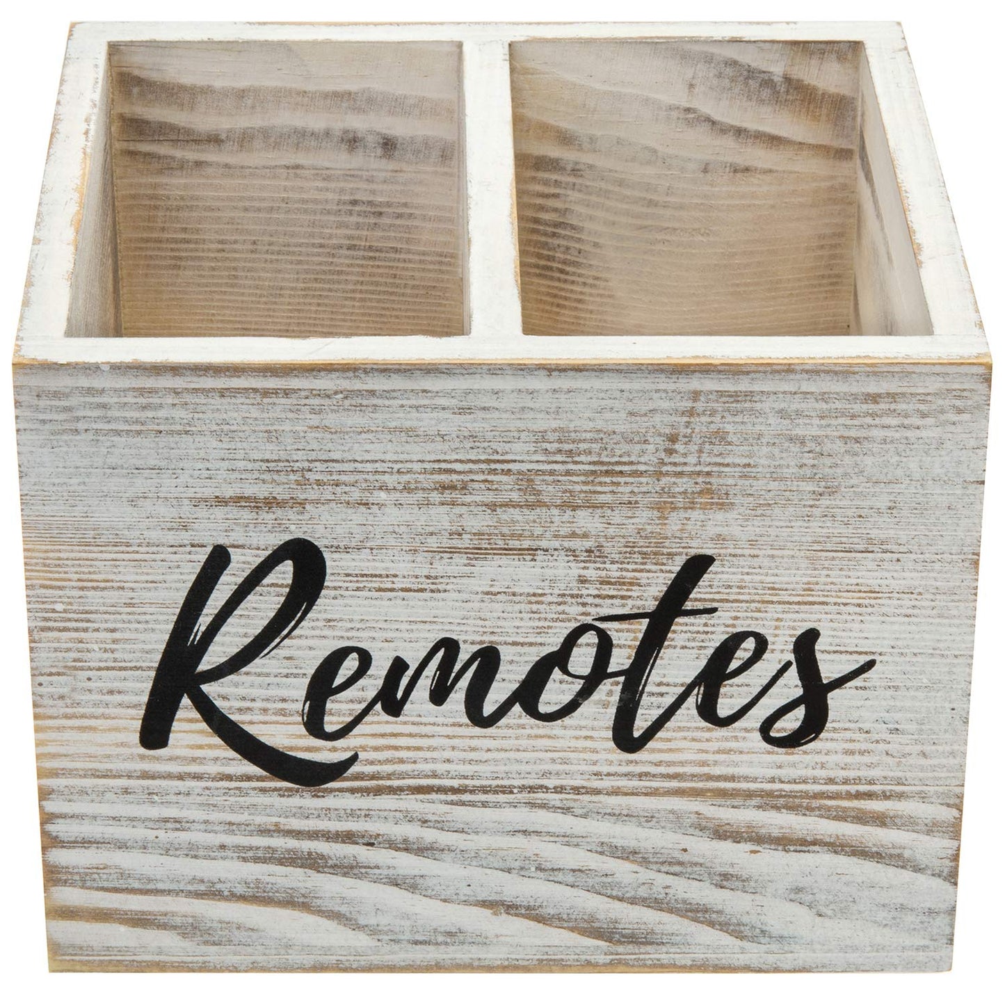MyGift Remote Control Holder,TV Remote Holder,Wood Remote Caddy for Table,2 Large Compartment,Shabby Whitewashed Solid Wood with Black Cursive Remotes Label