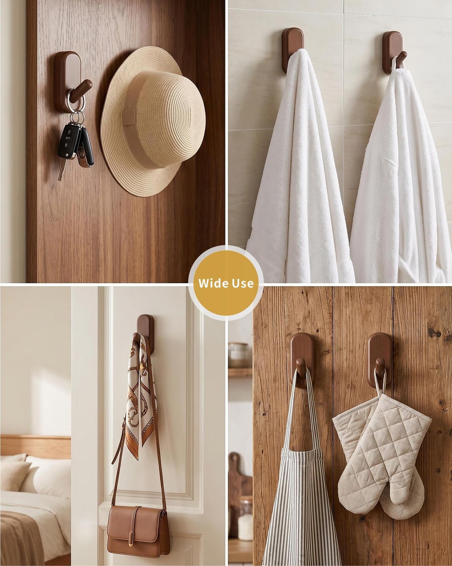 FCOWK Wooden Wall Hooks for Hanging - 4 Pack Heavy Duty Coat Hooks Wall Mount- Solid Walnut Wood Hat, Bag, Backpack & Towel Hooks - Modern Key Holder for Bathroom & Entryway (Dark Walnut)