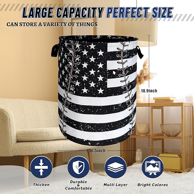 Baseball Textures Laundry Basket Foldable Oxford Cloth American Flag Laundry