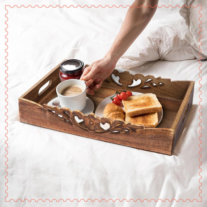 Mela Artisans 16” x 12” x 2.5” Mango Wood Serving Tray with Handles – Orchid Medium Burnt – Handcrafted Wooden Serving Board for Breakfast, Coffee & Home Décor