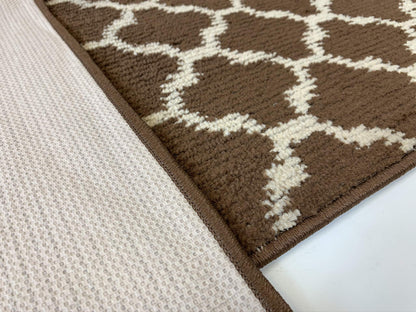 Custom Size Cut to Length Moroccan Trellis Design Runner Rug Mat For Wide Long Hallways with Non-Slip Rubber Backing, Better Traction for Pets, Prevent Slippage, Trellis Brown, 31 inch X 7 feet