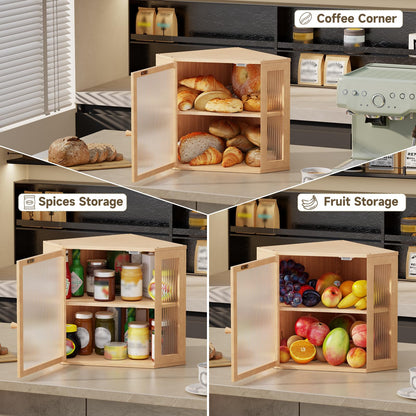 Vellzeyce Corner Bread Box for Kitchen Countertop,Double Layer Large Capacity Bread Storage Bin, Bamboo Bread Container with Acrylic Door (Natural, Mediun)