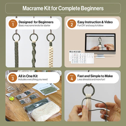LET BE Macrame Kits for Beginners, 3 Set of Plant Hangers DIY Kit: Braided Polyester Ropes 50yds*5mm Ivory, 20yds*2mm Forest Green, 60+Pcs Supplies with Step-by-Step Easy Instructions (IVGR)