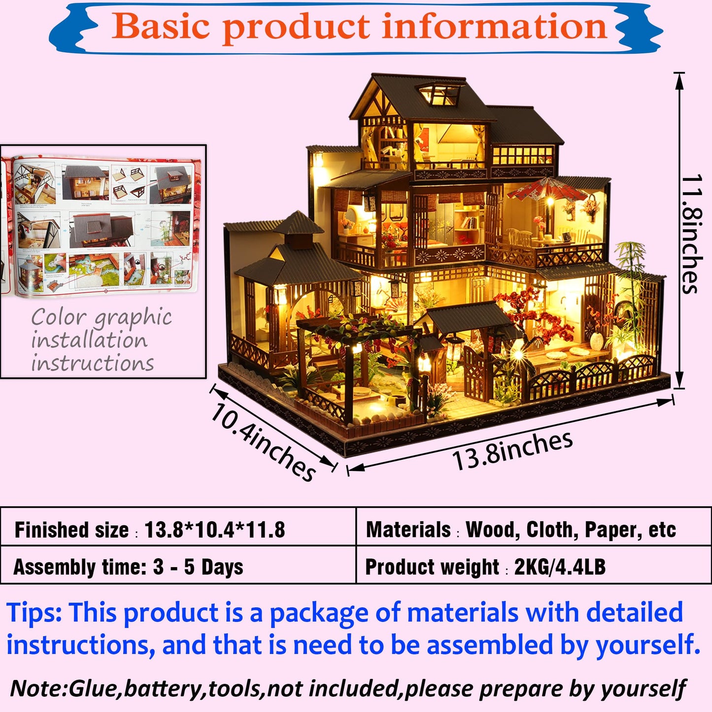 KOOMEKI Miniature Dollhouse DIY Set with Decoration Furniture and LED Lights, 1:24 Scale DIY Wooden Dollhouse Kit with English Instructions, Birthday Gift or Party Favors (Japanese Courtyard Style)