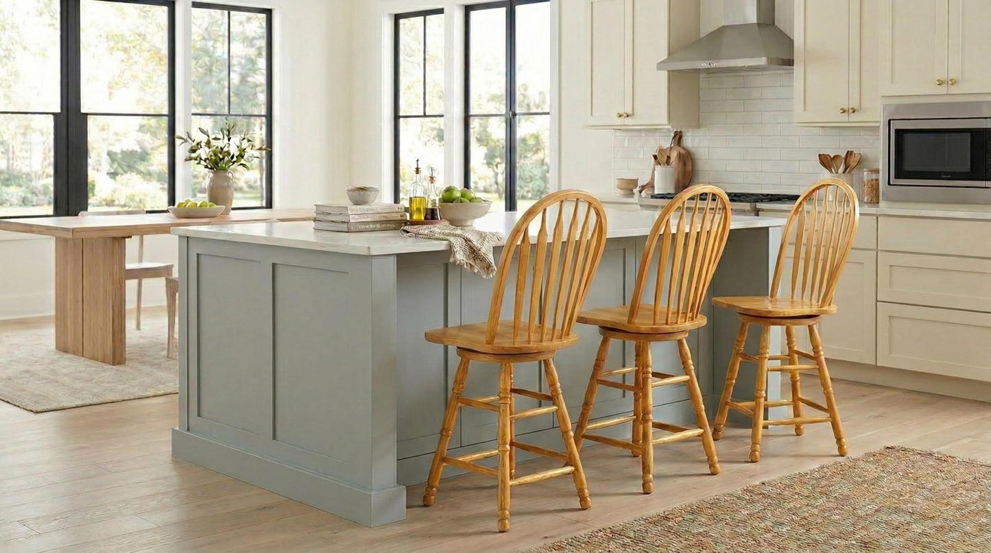 Sunset Trading Selections 24" Counter Height Swivel Barstool | Farmhouse Country Cottage Windsor Arrowback Café Stool | Light Oak Solid Wood | Dining Room Kitchen Home Bar Furniture