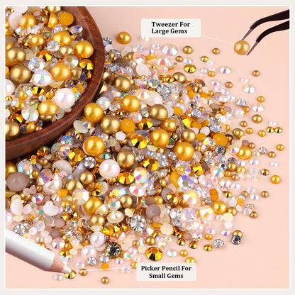 14000PCS Flatback Pearls and Gold Rhinestones for Bedazzling Kit, White Brown 3-10mm Resin Rhinestones and Half Pearls for Crafting, Nail Art Crafts Dec with 3pcs B7000 Jewelry Glue