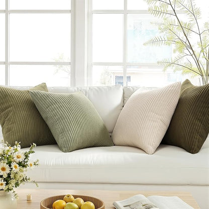 Topfinel Green White Spring Pillow Covers 18x18 Inch Set of 4 Boho Nordic Cushion Covers Soft Corduroy Home Decor for Couch Bed Sofa Living Room