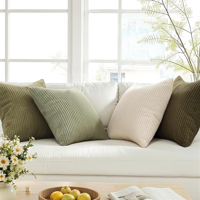 Topfinel Boho Farmhouse Green White Throw Pillow Covers 16x16 Inch Set of 4 Mordern Nordic Cushion Covers Soft Corduroy Spring Home Decor for Couch Bed Sofa Living Room Forest Green