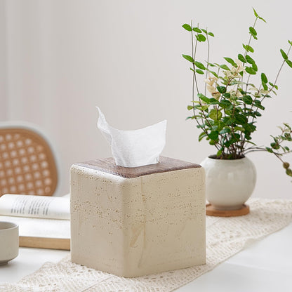 Natural Travertine & Wood Textures Tissue Box Cover Square for Home Decor,Resin Heavy Tissue Box Holder for Bathroom Countertop,Tabletop,Bedside Table,Office (Handmade of Resin)