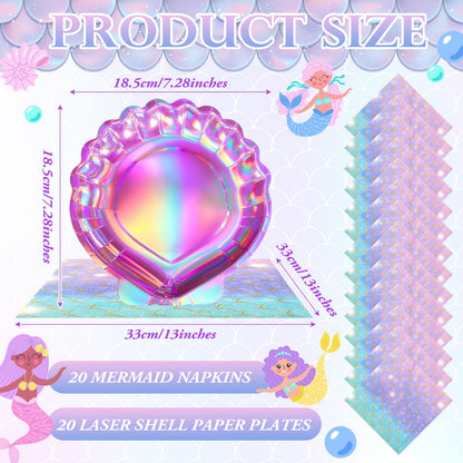 Gersoniel 40 Pcs Iridescent Pink Mermaid Party Supplies Set, 20 Clam Shell Plates and 20 Mermaid Scales Napkins Party Decorations Disposable Paper Plates and Napkins Seashell for Birthday(Shell)
