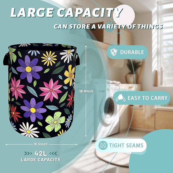 Colorful Hippie Flower Laundry Basket Art Flowers Foldable Funny Laundry Hamper