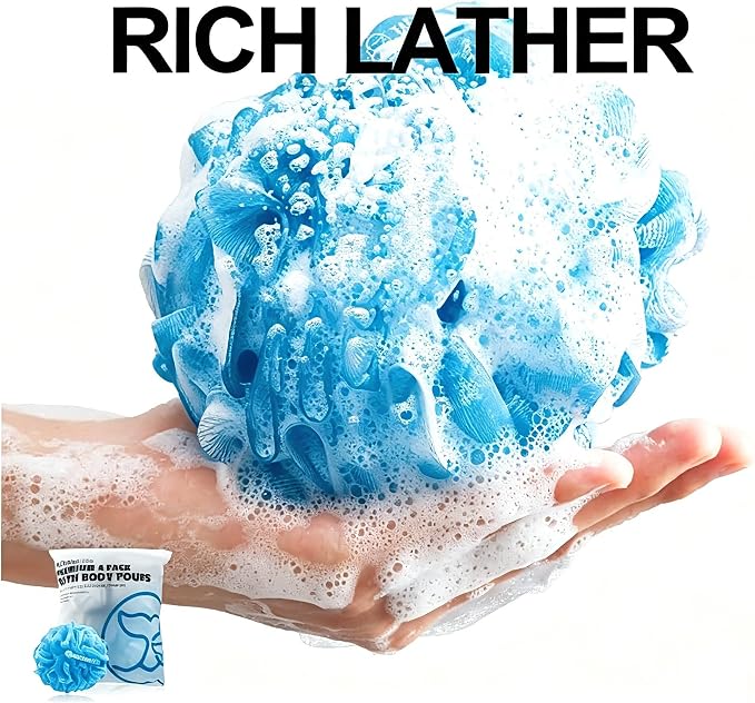Loofah Bath Sponges - Gentle Exfoliating Shower Loofah for Rich Lather, Durable Mesh Body Scrubber for Men & Women 4 Pack (Sky Blue) | Durable mesh creates rich lather, soft exfoliating loofah for men & women daily shower