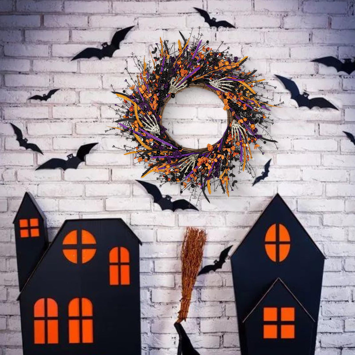 VioletEverGarden Halloween Wreaths for Front Door 22 Inch Skeleton Black Wreath Handmade Halloween Door Wreath with Purple and Orange Berries for Gothic Decorations
