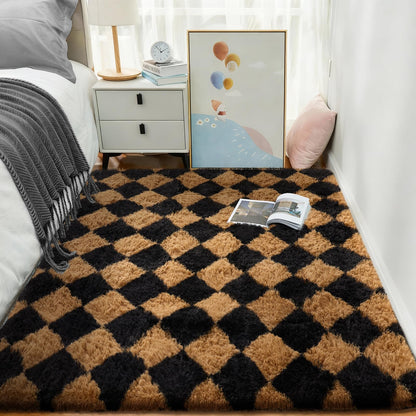 Ophanie Black & Beige Diamond Checkered Rugs for Living Room Bedroom,Rhombus Fluffy Soft Cute Fuzzy Area Rug,Plush Shaggy Bedside Floor 4x6 Furry Carpet Kids Dorm Decor with Over 99 pcs Pile fibers