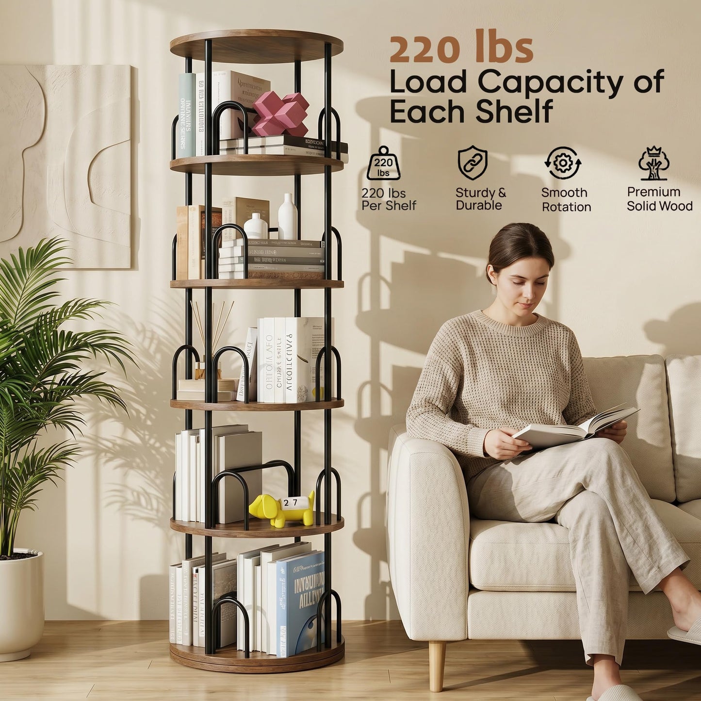 5 Tier Rotating Bookshelf, Corner Wooden, Metal Skinny Bookshelf for Toy Lego Dispaly Book Shelf Room Storage Organizer Furniture Black Tall Bookcase for Bedroom Living Room Office Kitchen Shelf