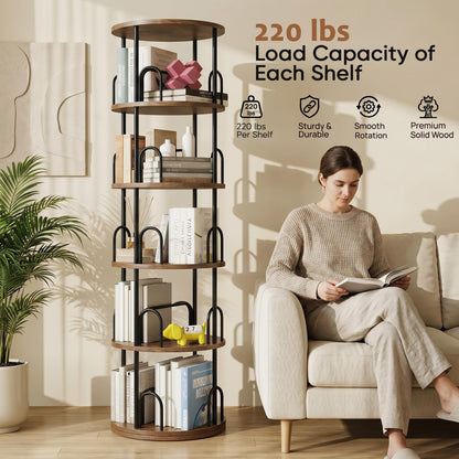 5 Tier Rotating Bookshelf, Corner Wooden, Metal Skinny Bookshelf for Toy Lego Dispaly Book Shelf Room Storage Organizer Furniture Black Tall Bookcase for Bedroom Living Room Office Kitchen Shelf
