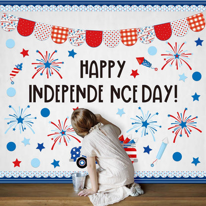 JarThenaAMCS 74Pcs Happy Independence Day Bulletin Board Kit Patriotic Red Blue Star Paper Cutouts with 100Pcs Glue Points 4th of July DIY Craft Art Decor for 250th Anniversary School Home Party