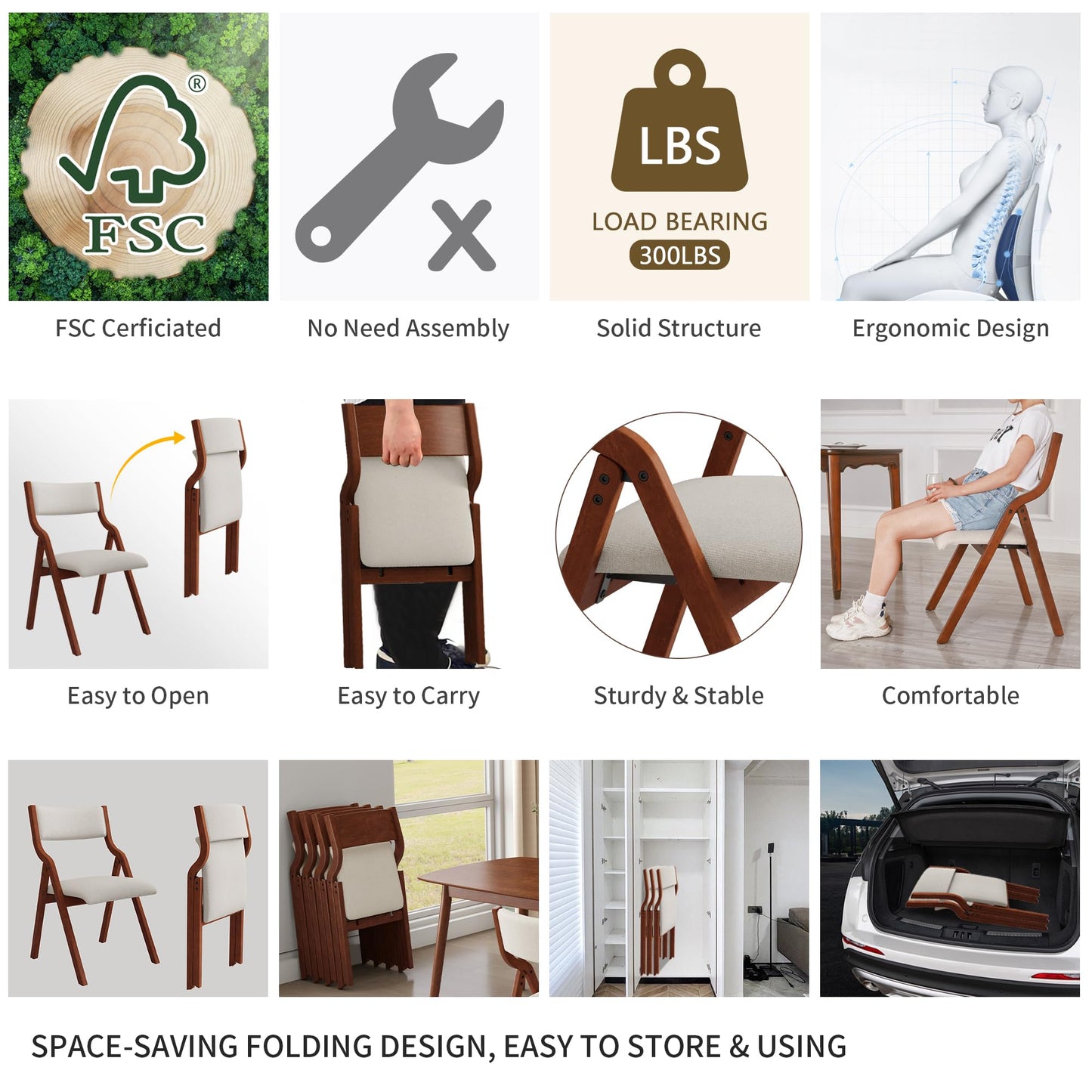 YOPTO Folding Wooden Chairs Set of 2 with Padded Seat,Portable Dining Chairs W/Ergonomically Designed Back and Cushion,for Dining Room,Restaurant,Kitchen,Office