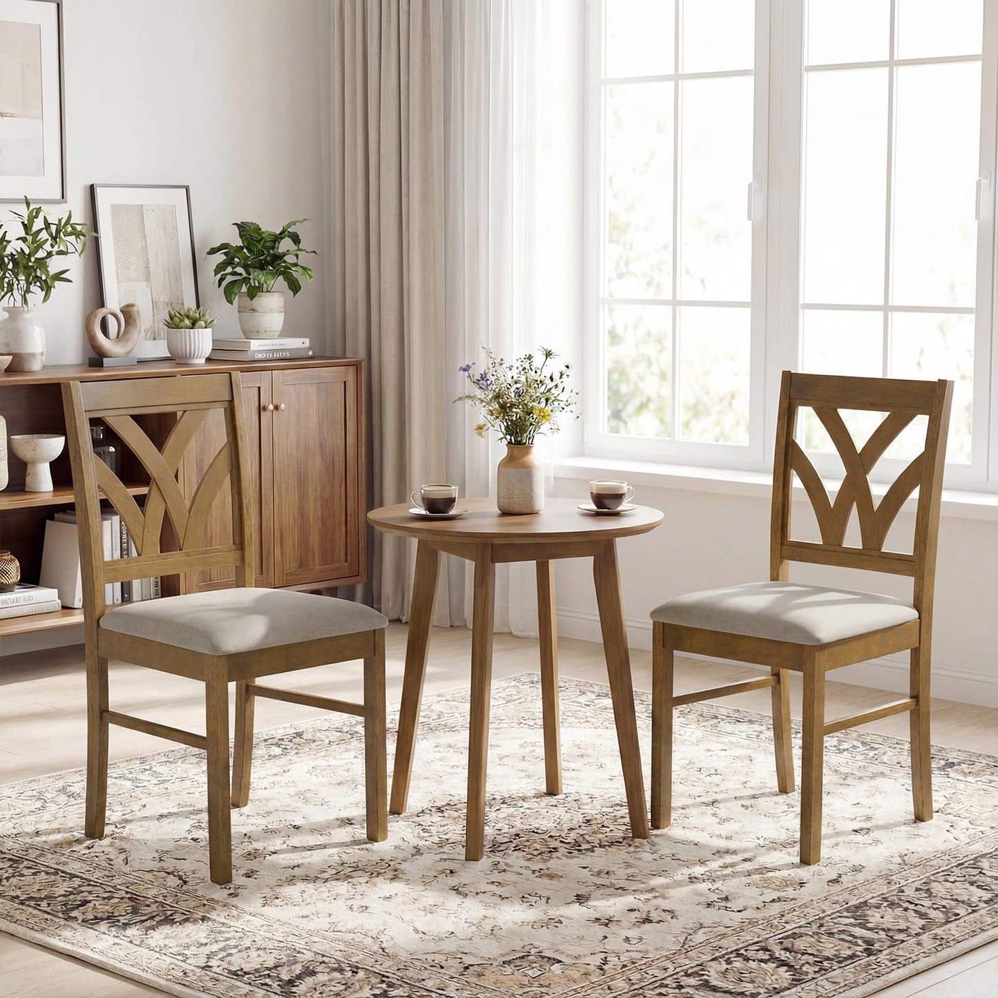 Giantex Wooden Dining Chairs Set of 2, Farmhouse Upholstered Kitchen Chairs with Solid Rubber Wood Frame, Hollowed Backrest & Soft Padded Seat, Armless Accent Side Chairs for Dining Room, Oak