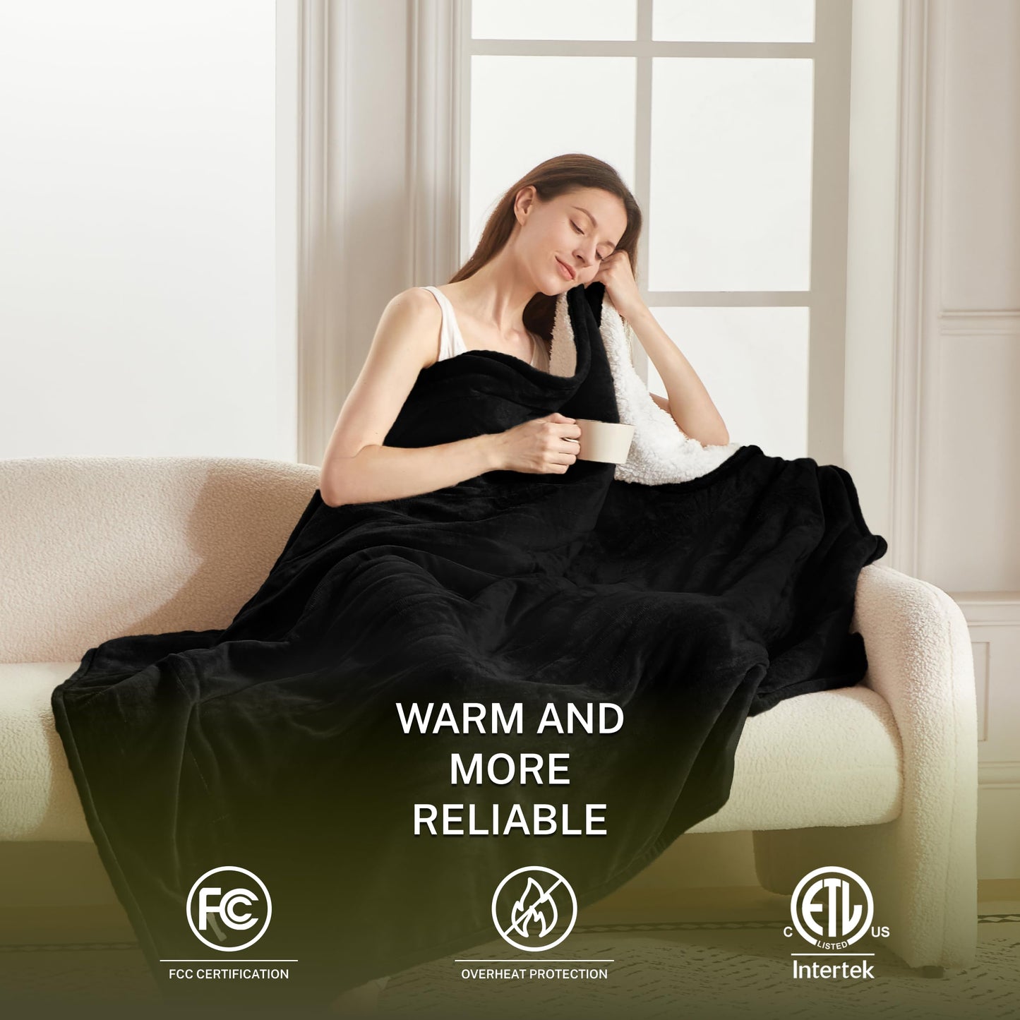 Heat Blanket 50”x60” Throw,Soft Flannel & Sherpa Reversible Electric Blanket with 10 Heat Settings,12 Timer Setting and 3 Hours Auto-Shut Off,ETL Certified Machine Washable,Light Brown
