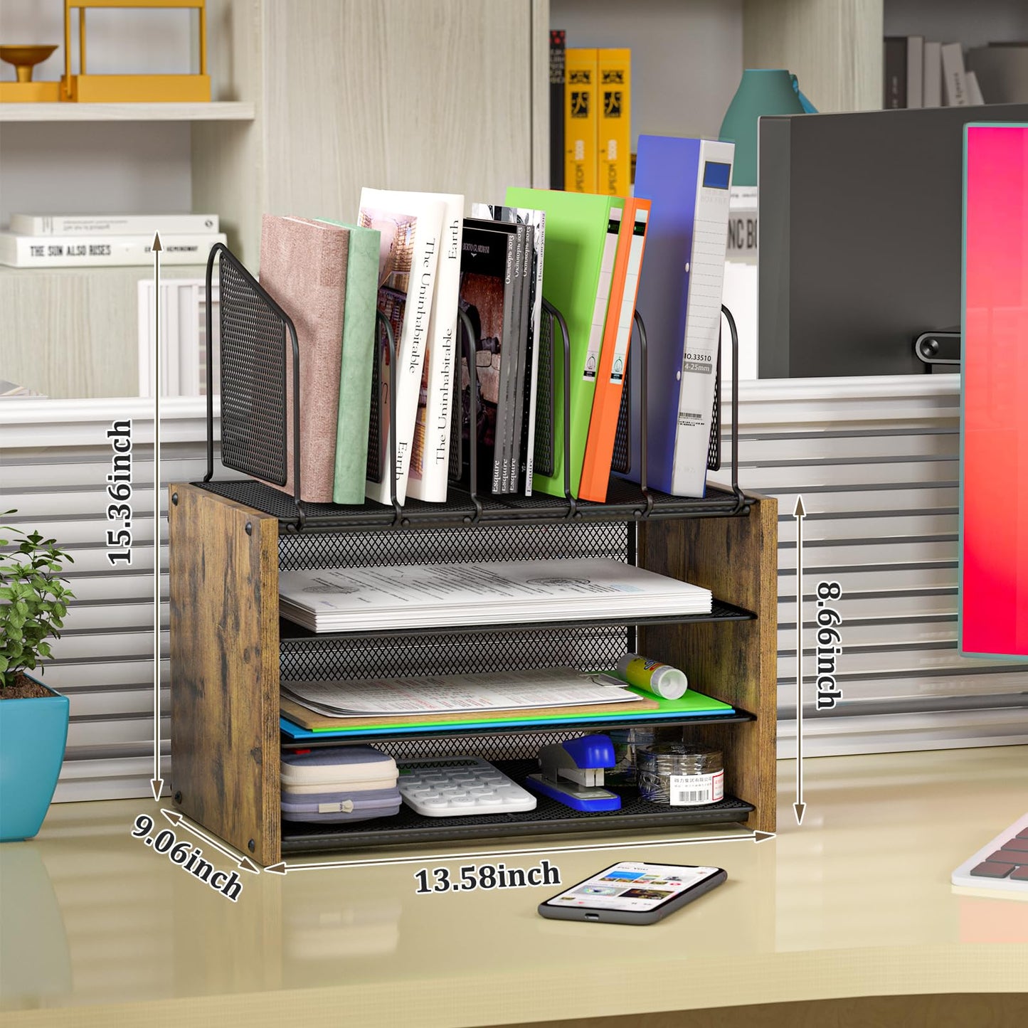 4-Tier Desk Organizer, Desk File Organizer with 5 Vertical File Holders, Office Desktop Organizer with 3 Level Paper Organizer Letter Tray, Wooden Desk Organizers and Accessories for Home Office