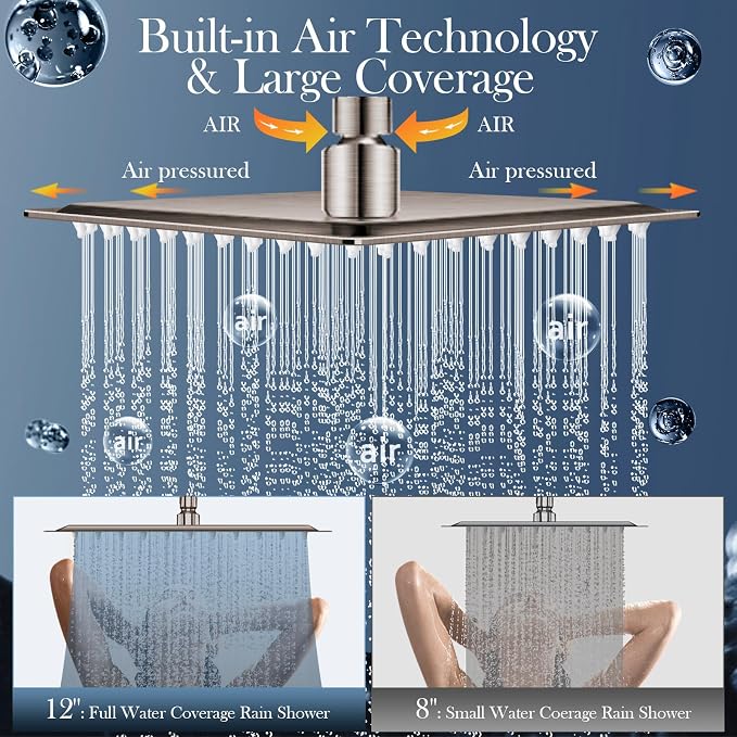 12'' Rain Shower Head Combo, High Pressure Rainfall Shower Head with 16'' Flexible Height/Angle Adjustable Extension Arm, 5 Setting Spray Hand held Shower Head, Nickel