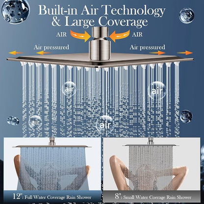 12'' Rain Shower Head Combo, High Pressure Rainfall Shower Head with 16'' Flexible Height/Angle Adjustable Extension Arm, 5 Setting Spray Hand held Shower Head, Nickel