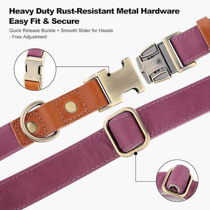 Plutus Pet Genuine Leather & Hemp Dog Collar – Adjustable Heavy Duty Pet Collar with Quick Release Metal Buckle, Soft & Stylish for Puppy and Small, Medium, Large Dogs (Purple, L)