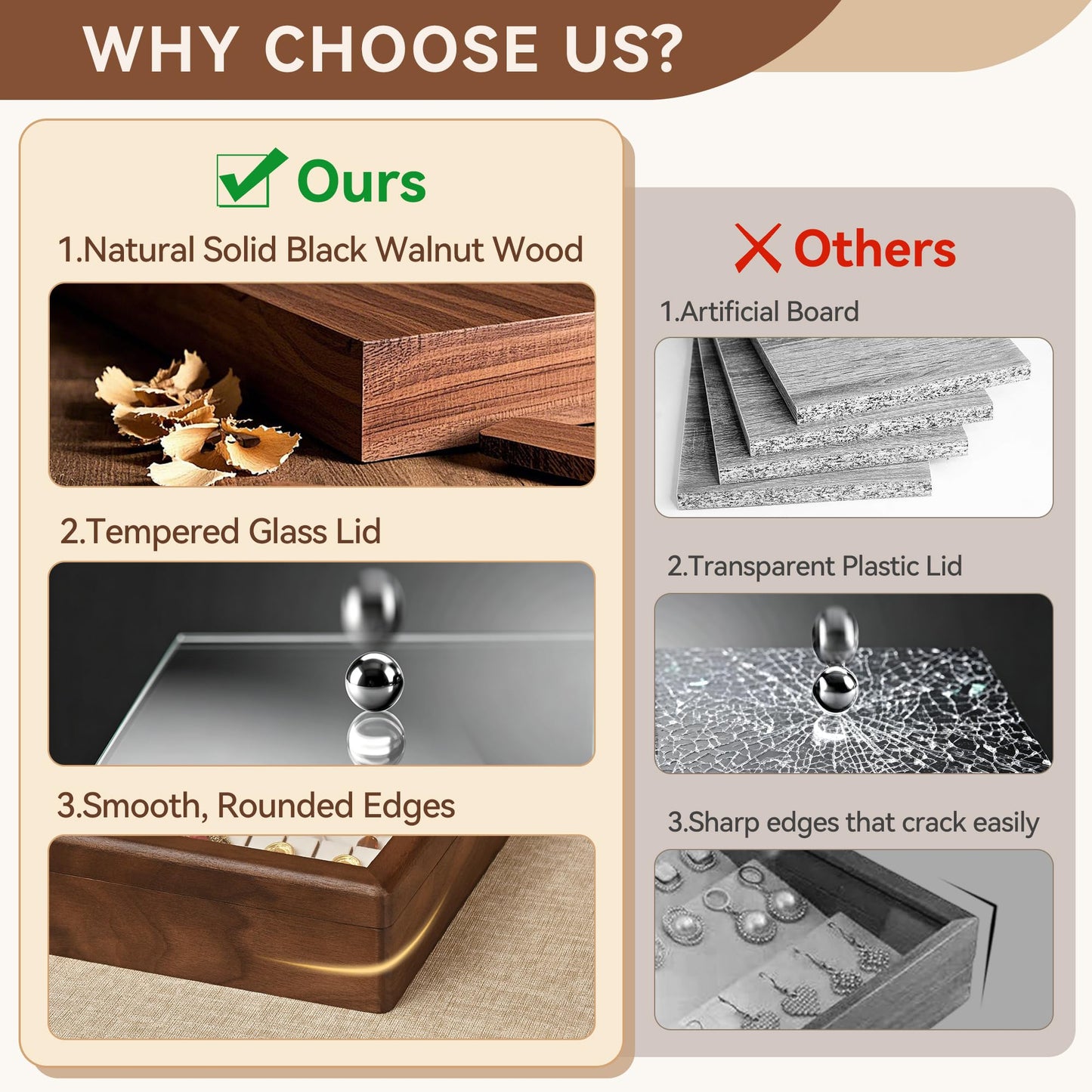 Vwixkuxx Black Walnut Wooden Earring Box, 40 Pairs Earrings Natural Solid Wood Jewelry Organizer Tray with Clear Glass Lid, Desktop Velvet Lined Holder Display Case for Women Girls Gifts for Mom.