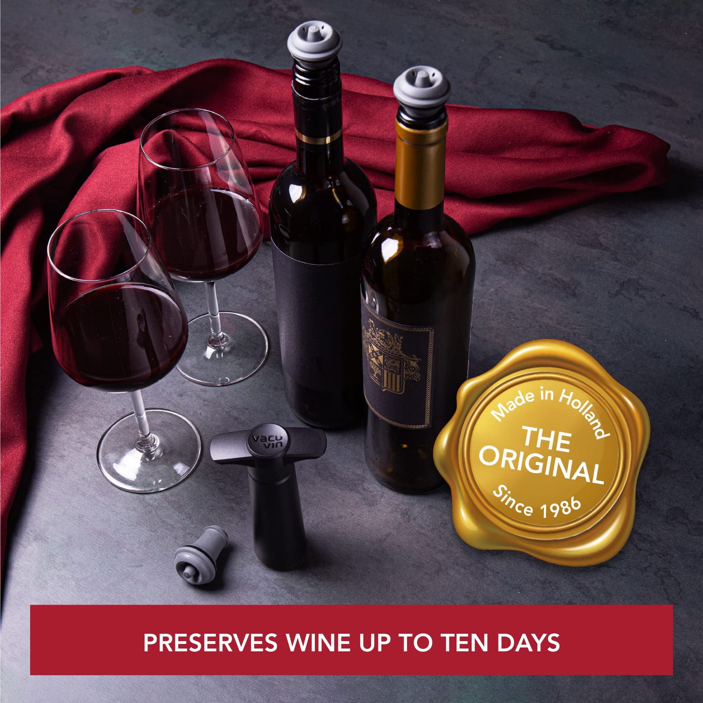 Vacu Vin Original Wine Saver with 4 Vacuum Bottle Stoppers – Black Wine Preserver Pump for Red or White Wine – Manual Air Remover System – Airtight Seal – Keep Wine Fresh Longer