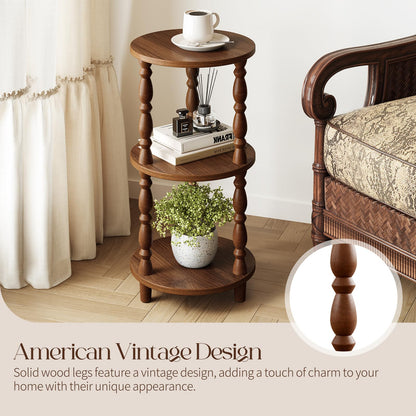 Yoobure Small Round Side Table - 3-Tier End Table with Storage Shelf, Narrow Bedside Table Nightstand for Bedroom, Accent End Tables Living Room, Wood Side Tables for Small Spaces, Office, Walnut
