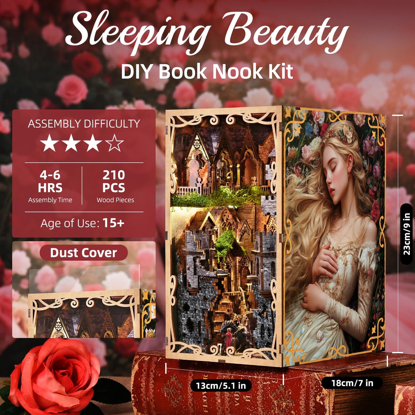 MiniCity Book Nook Kit for Adults, DIY 3D Wooden Puzzle Booknook Bookshelf Insert Decor with LED Light and Dust Cover (Sleeping Beauty)