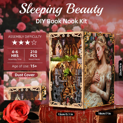 MiniCity Book Nook Kit for Adults, DIY 3D Wooden Puzzle Booknook Bookshelf Insert Decor with LED Light and Dust Cover (Sleeping Beauty)